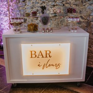 Meuble en bois blanc sur roulettes avec néon